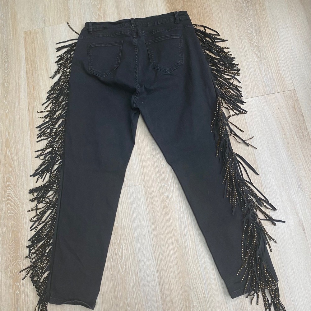 Fashion Nova Black Studded Fringe Side Jeans Plus Size 1X Western Festival Denim - Picture 8 of 8